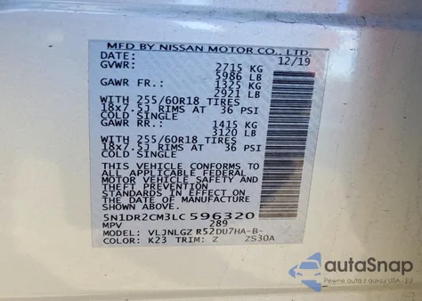 2020 Nissan Pathfinder Sl z USA, uszkodzony, nr VIN 5N1DR2CM3LC596320